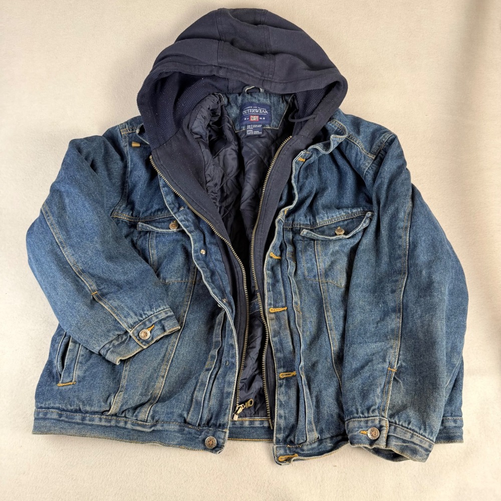 Faded Glory Mens XL Blue Hooded Denim Jacket Quilted Lined Trucker Coat Workwear